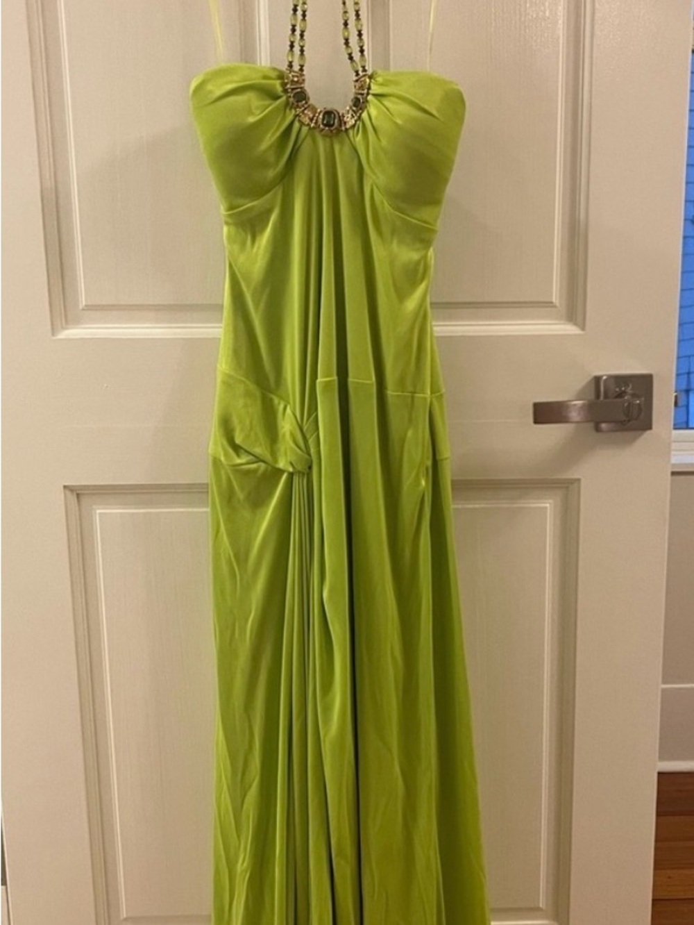 Mary L Couture Lime Green Strapless Evening Gown with Embellished Neckline